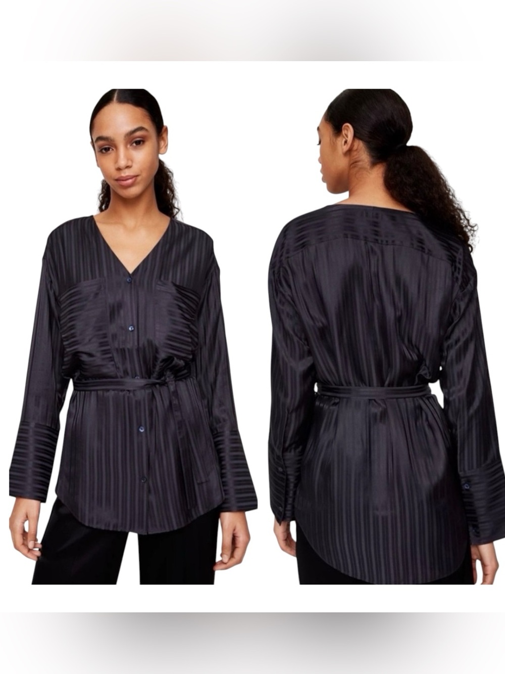 Aritzia Wilfred Zelie Silk Satin Stripe Shirt V Black Buttons Blouse Long Sleeve - Picture 11 of 16